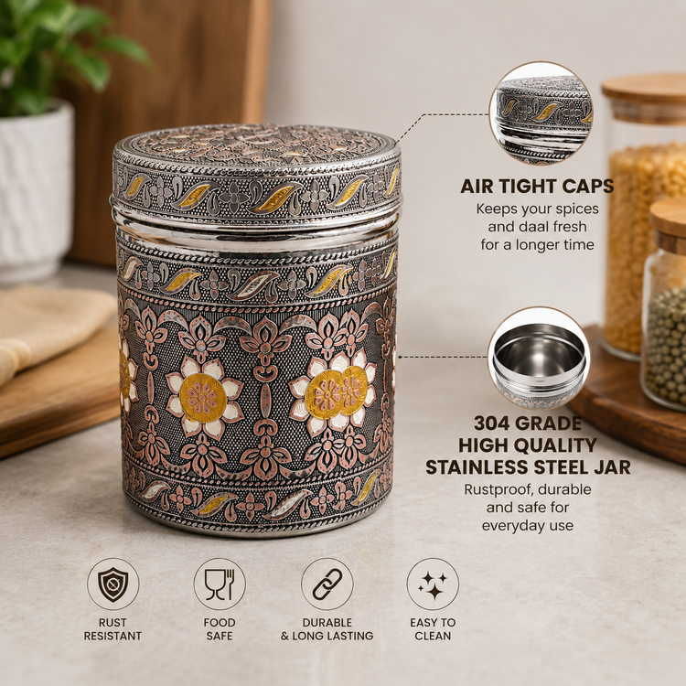 Salem 2.5 Litre 304 Grade Stainless Steel Storage Jar with Airtight Lid | Handmade Etching Work | Premium Spice, Daal & Dry Fruit Container | Food Grade Kitchen Storage Canister