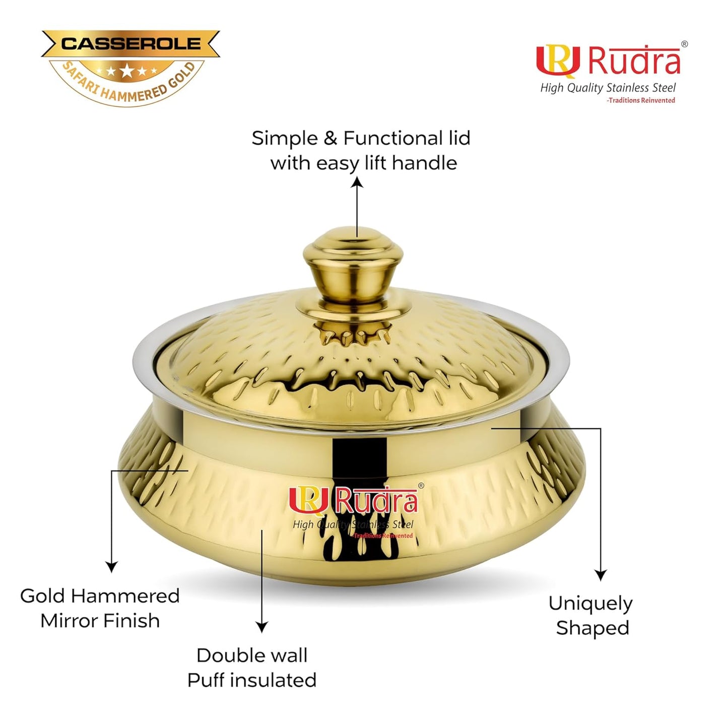 Rudra Safari Hammered Gold Double Walled Stainless Steel Casserole, | PU Insulated | Hot & Cold | Hygiene | Odourless|Easy to Carry|(4 Litres)
