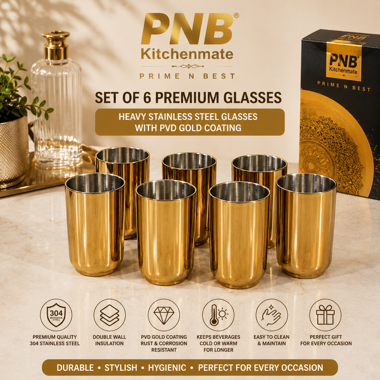 PNB Kitchenmate ZODIAC 72 Pcs Stainless Steel Dinner Set | Heavy Quality Double Wall PVD Gold Coated Dinner Set | Premium Full & Half Plates, Bowls, Glasses, Spoons & Forks | Lifetime Guarantee