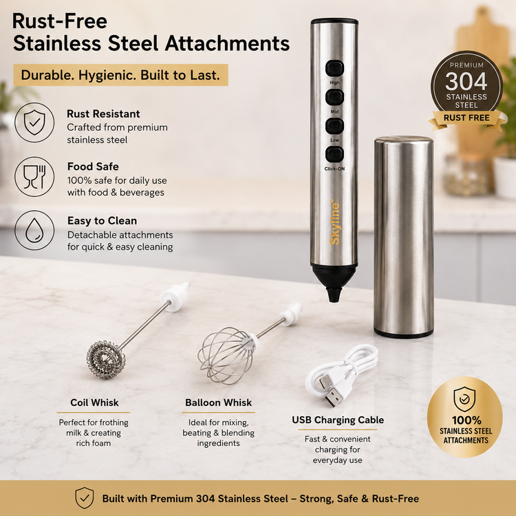 Skyline Wireless Milk Frother with 1200mAh Rechargeable Battery, 3-Speed Control, Stainless Steel Whisk & Cover, Dual Whisk Attachments, USB Type-C Charging, One-Touch Operation