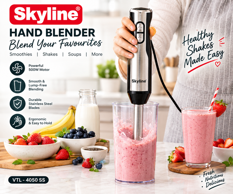 Skyline 500W Hand Blender with Chopper & Whisker | 3-in-1 Immersion Blender, Vegetable Chopper & Egg Whisk | Stainless Steel Blades | 1 Year Warranty