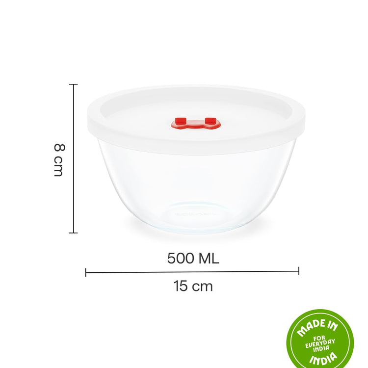 Borosil 500ml (2pc) Serving & Mixing Bowl with Lid Set | Made in India Borosilicate Glass Bowl for Kitchen & Dinning | Bowl for Mixing Dough, Salad, Batter | Microwave & Dishwasher Safe | Transparent