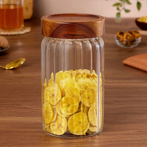 Borosil Glass Jar with Acacia Wood Lid | Borosilicate Glass Storage Jar for Dry Fruits, Spices & Snacks | Airtight Glass Container for Kitchen & Pantry-1200ml