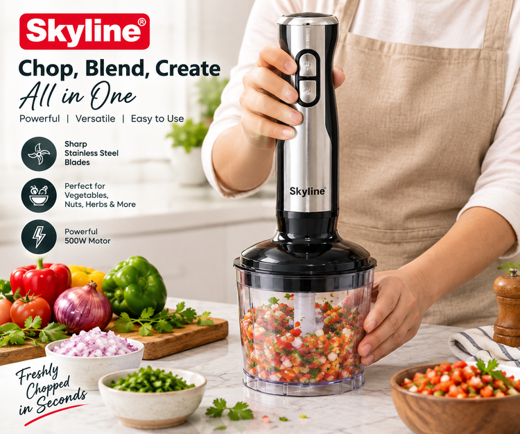Skyline 500W Hand Blender with Chopper & Whisker | 3-in-1 Immersion Blender, Vegetable Chopper & Egg Whisk | Stainless Steel Blades | 1 Year Warranty