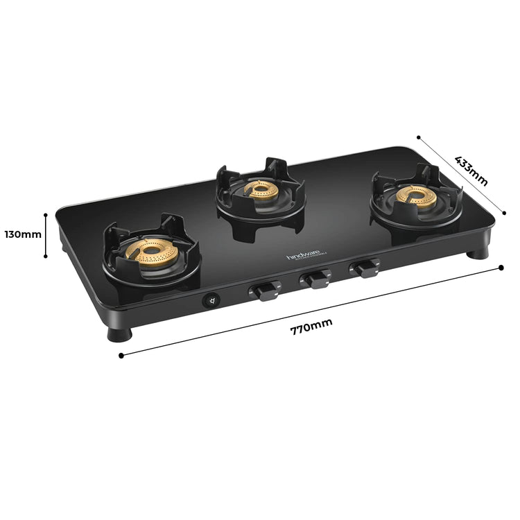 Hindware Smart Appliances | Alverio 3 Burner Glass Gas Stove | 8mm Thick Toughened Glass | Double Drip Tray | Corrosion Resistant Brass Burners Safe For Utensils (Black, Auto-Ignition) - Open