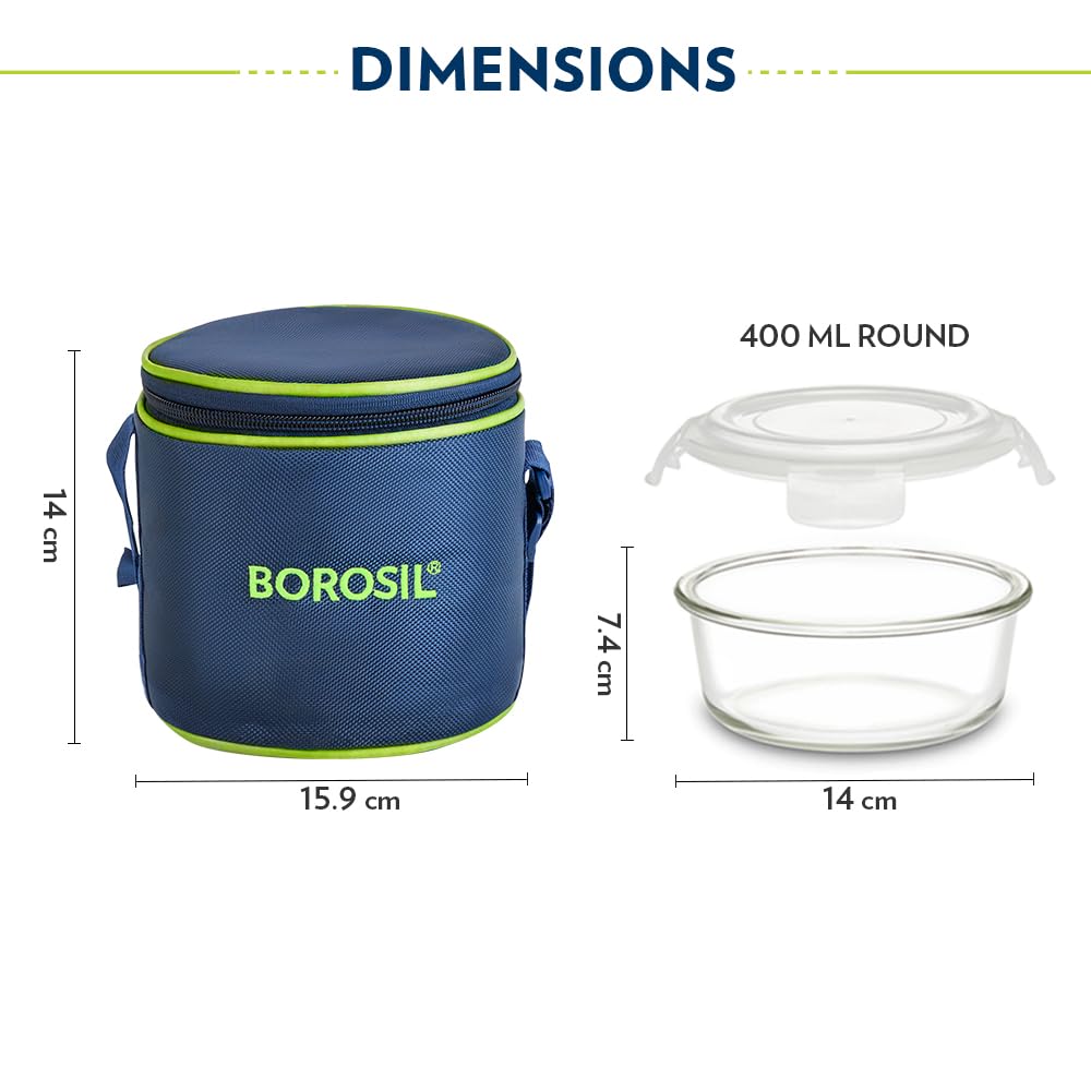 Borosil Klip n Store Lunchbox with Bag | Set of 2 (400ml Each) | Borosilicate Glass, Round, Vertical | Microwave & Dishwasher Safe, Leak Proof | Tiffin for Office, School, College