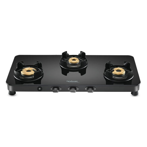 Hindware Smart Appliances | Alverio 3 Burner Glass Gas Stove | 8mm Thick Toughened Glass | Double Drip Tray | Corrosion Resistant Brass Burners Safe For Utensils (Black, Auto-Ignition) - Open