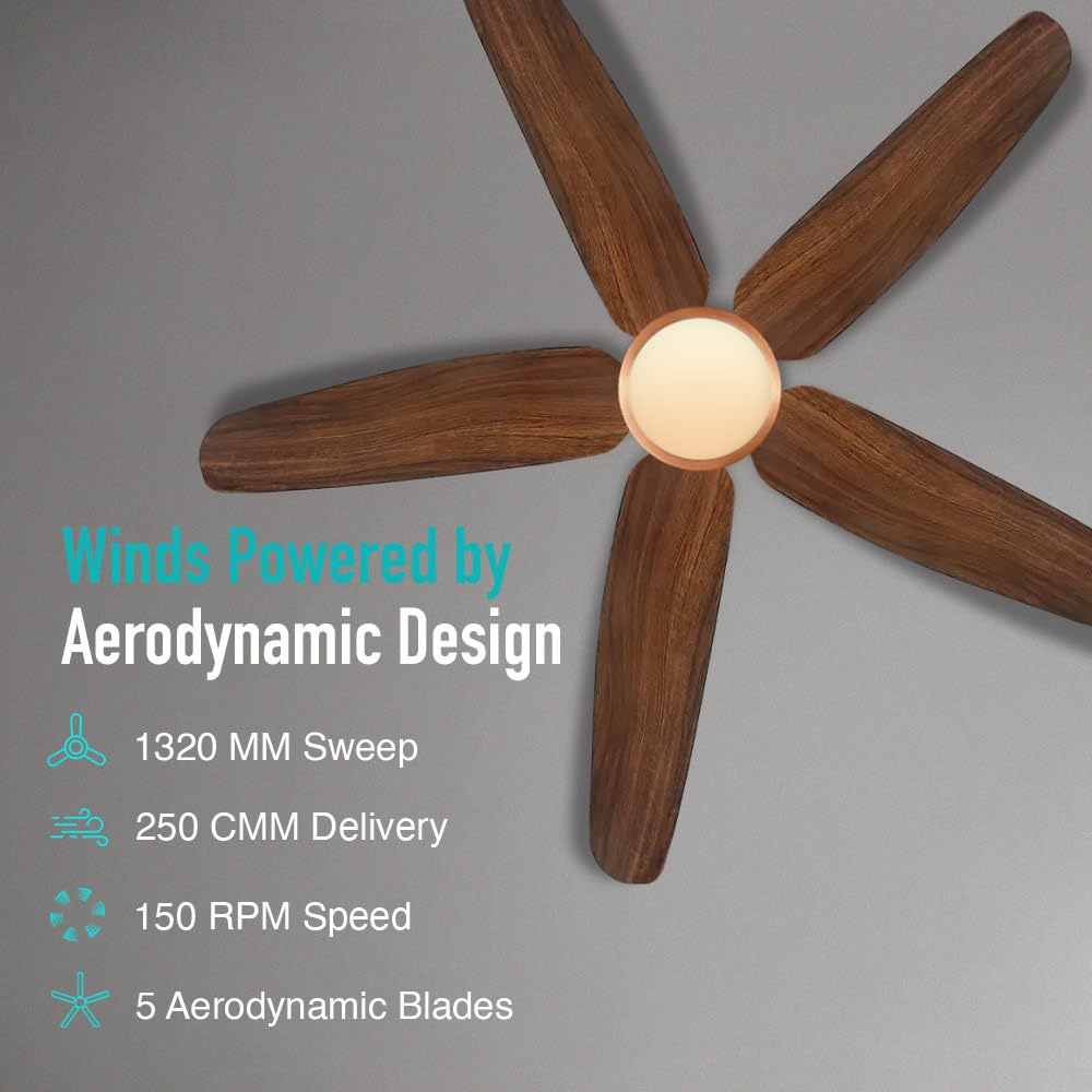 KUHL Luxus C5 1320mm Stylish 65% Power Saving BLDC Ceiling Fan with Remote | Night & Down Light | 29W | 5 Star | Low Noise | IoT –Operate via Mobile & Alexa | Reverse Mode | Free Installation | Teak
