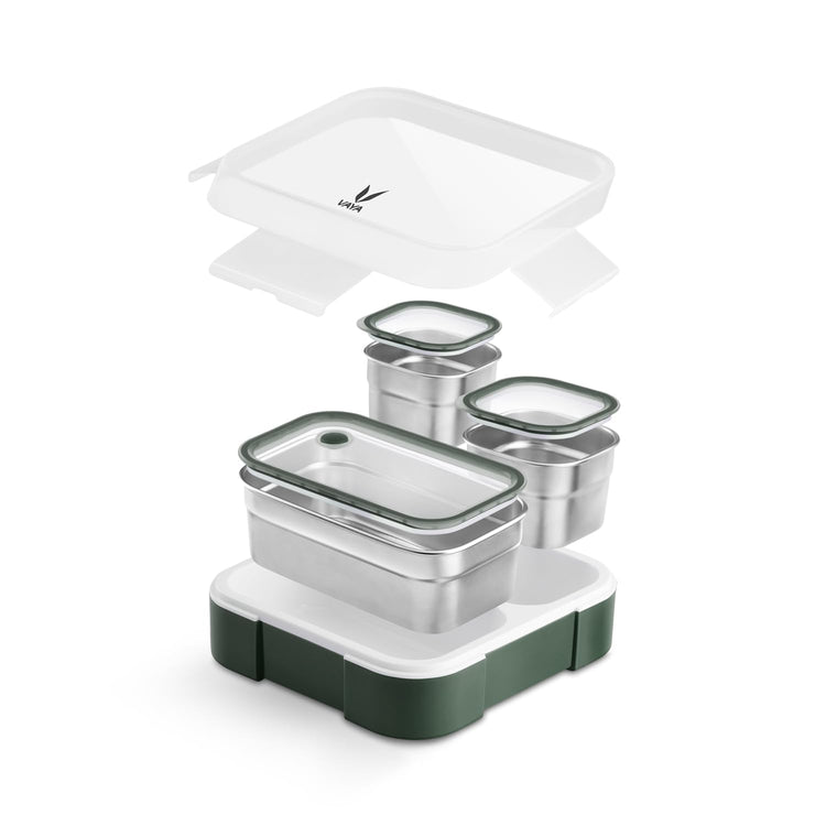 VAYA TYDBYT Stainless Steel Tiffin Box for Men, Kids Girls,1 Large & 2 Small Compartments, Bento Lunch Box, Smart Portions for Balanced Meals, Green
