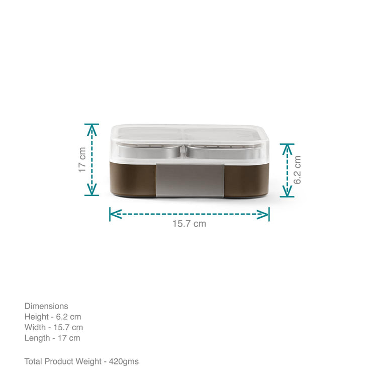 VAYA Stainless Steel Tiffin Box for Men, Kids Girls,1 Large & 2 Small Compartments, Bento Lunch Box, Smart Portions for Balanced Meals, Brown