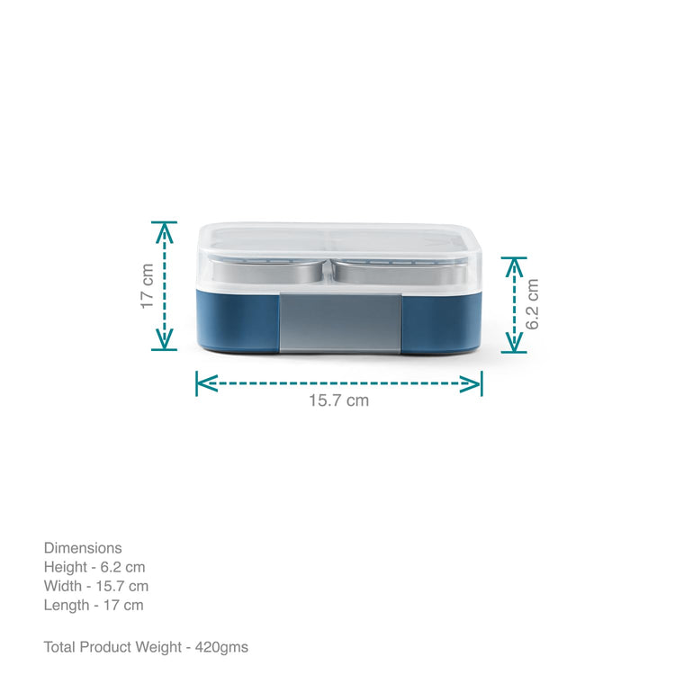 VAYA TYDBYT Stainless Steel Tiffin Box for Men, Kids Girls,1 Large & 2 Small Compartments, Bento Lunch Box, Smart Portions for Balanced Meals, Blue
