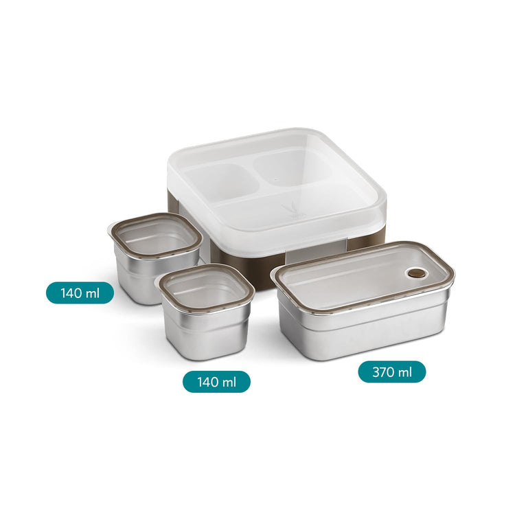 VAYA Stainless Steel Tiffin Box for Men, Kids Girls,1 Large & 2 Small Compartments, Bento Lunch Box, Smart Portions for Balanced Meals, Brown