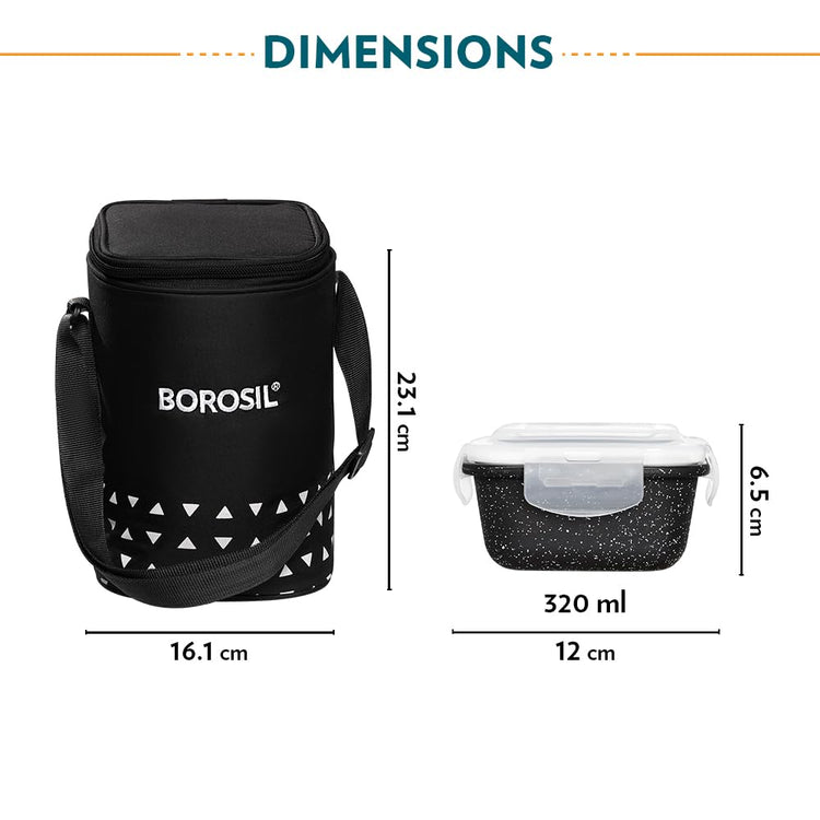 Borosil Kube Black Borosilicate Glass Lunchbox with Bag | 3 pc Square Container Set (320 ml Each) | Microwave & Dishwasher Safe, Leakproof | Tiffin for Office, School, College