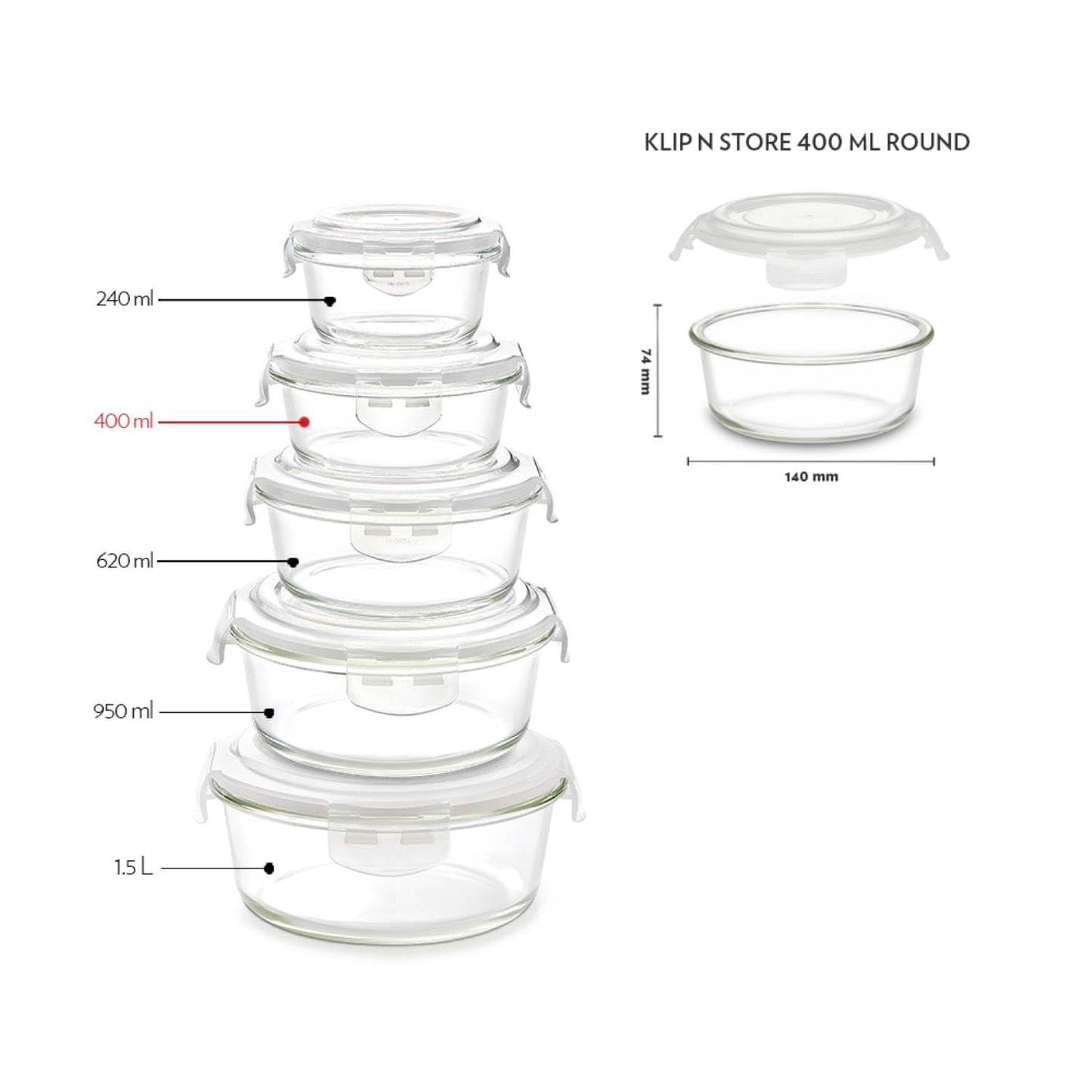 Borosil Klip N Store Glass Storage Container For Kitchen With Air-Tight Lid, Microwave & Oven Safe, Round, 400 ml, Clear