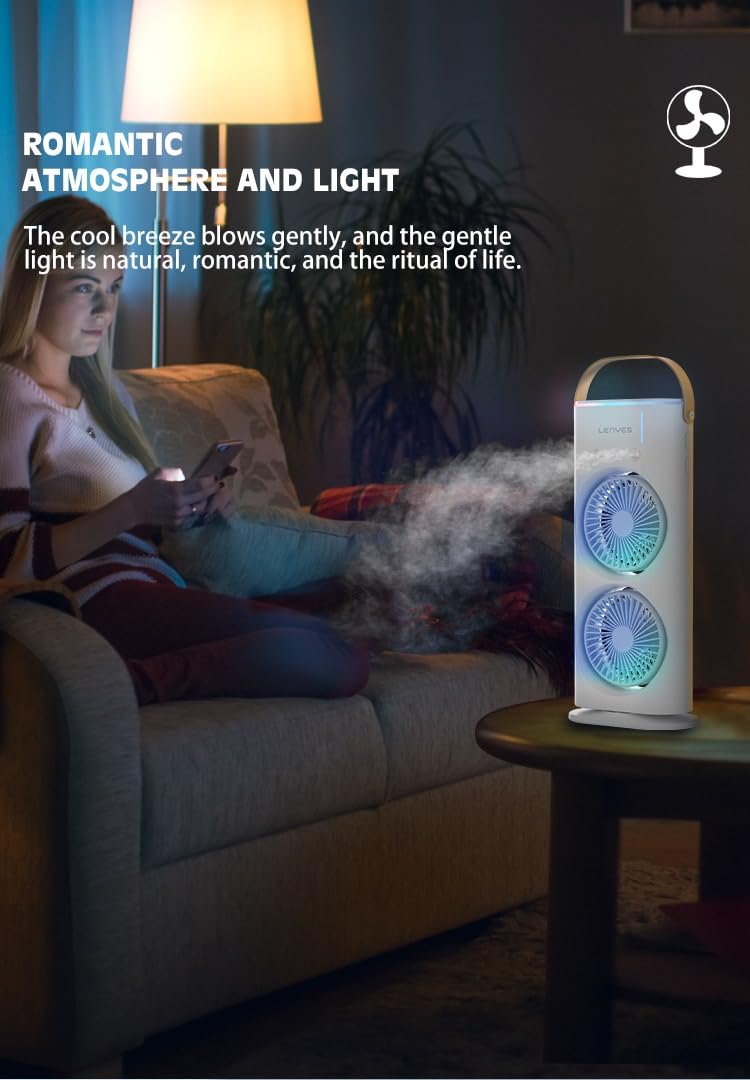 Lenyes LHF03 Tower Dual Fan 45mm | USB Charging Fan | LED Lighting | 3 Fan Speeds | 2 Mode Lighting | High Speed Oscillation Table Fan | White Protable Fan