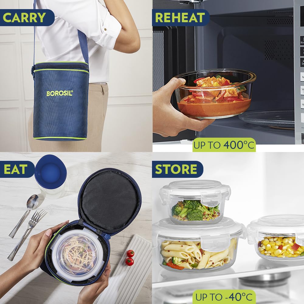 Borosil Klip n Store Lunchbox with Bag | 3pc Round Container Set (400 ml Each) | Made in India Borosilicate Glass | Microwave & Dishwasher Safe | Tiffin for Office, School, College | Vertical