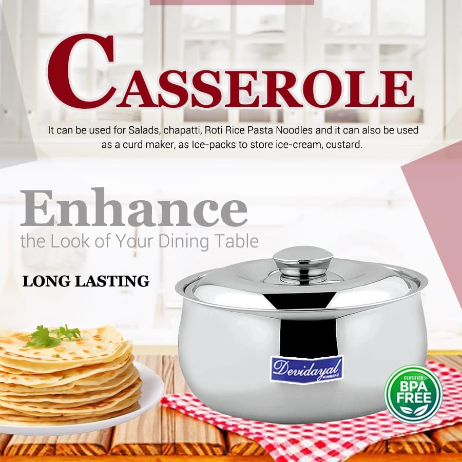 DEVIDAYAL Casserole for Roti | Stainless Steel Hot Box for Kitchen and Home | Chappati Steel Hot Pot with Lid (Silver) (2200 ml)