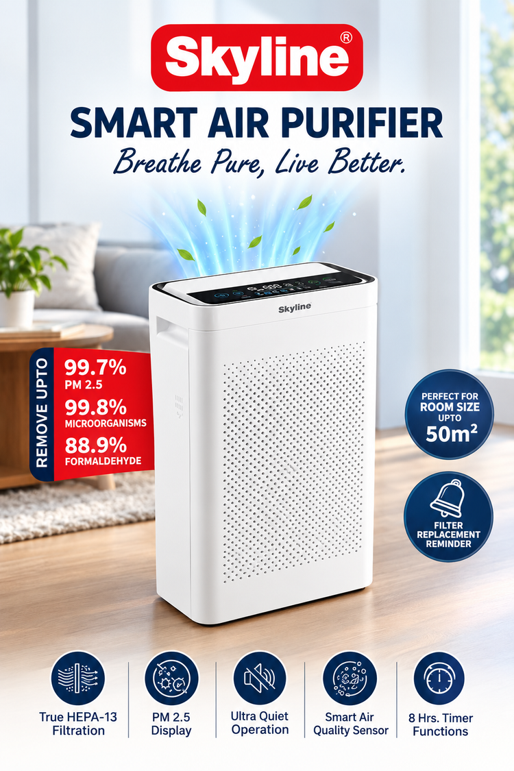 Skyline Smart Air Purifier with True HEPA-13 Filter, PM2.5 & AQI Display, Smart Air Quality Sensor, Filter Replacement Reminder & 8-Hour Timer – Up to 50m²