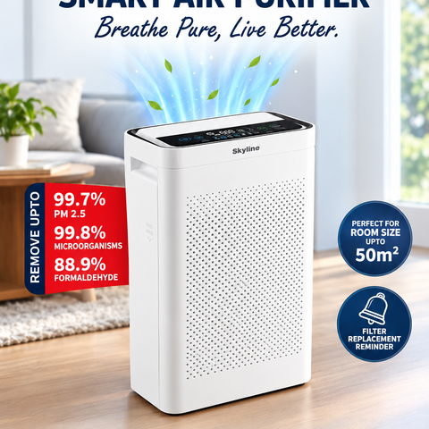 Skyline Smart Air Purifier with True HEPA-13 Filter, PM2.5 & AQI Display, Smart Air Quality Sensor, Filter Replacement Reminder & 8-Hour Timer β Up to 50mΒ²