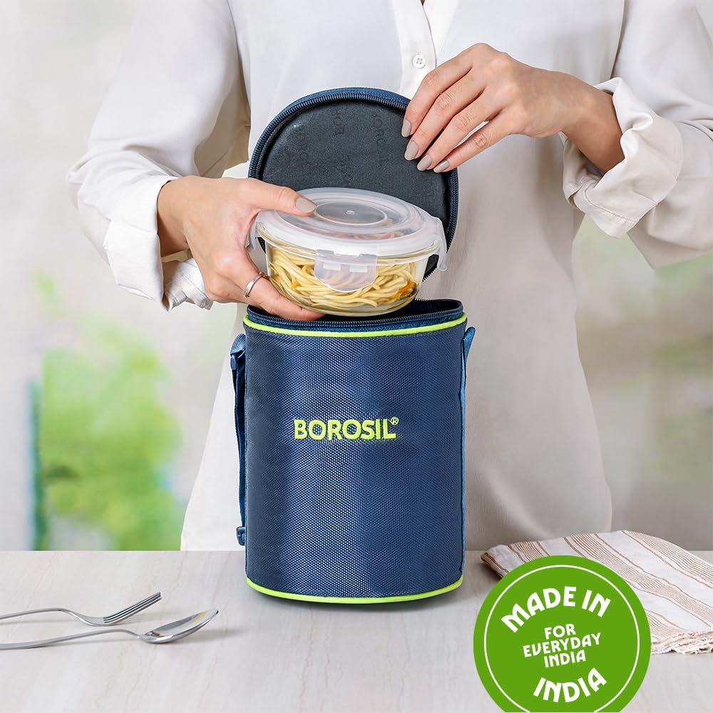 Borosil Klip n Store Lunchbox with Bag | 3pc Round Container Set (400 ml Each) | Made in India Borosilicate Glass | Microwave & Dishwasher Safe | Tiffin for Office, School, College | Vertical
