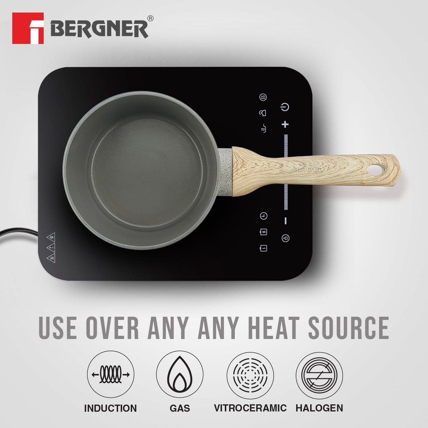 Bergner Naturally Ceramic Forged Aluminium 16cm (1.8 Liters) Saucepan with Soft Touch Handle and Flat Glass with Steam Vent, Ceramic Coated Sauce Pan, Healthy - Induction Bottom and Gas Stove Ready