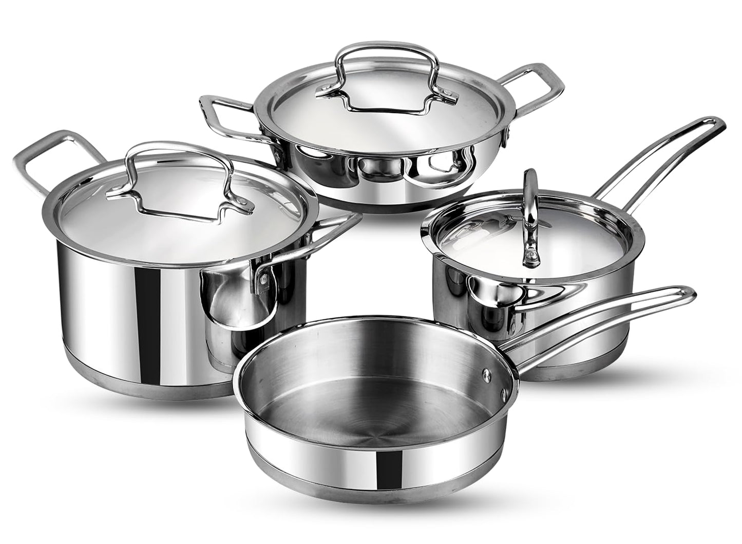 Vinod Classique Deluxe Stainless Steel Cookware Set of 4 pcs/Saucepan, Saucepot, Kadai and Frypan/Steel Utensils Cooking Set for Kitchen, Heavy Induction Bottom - 2 Year Warranty