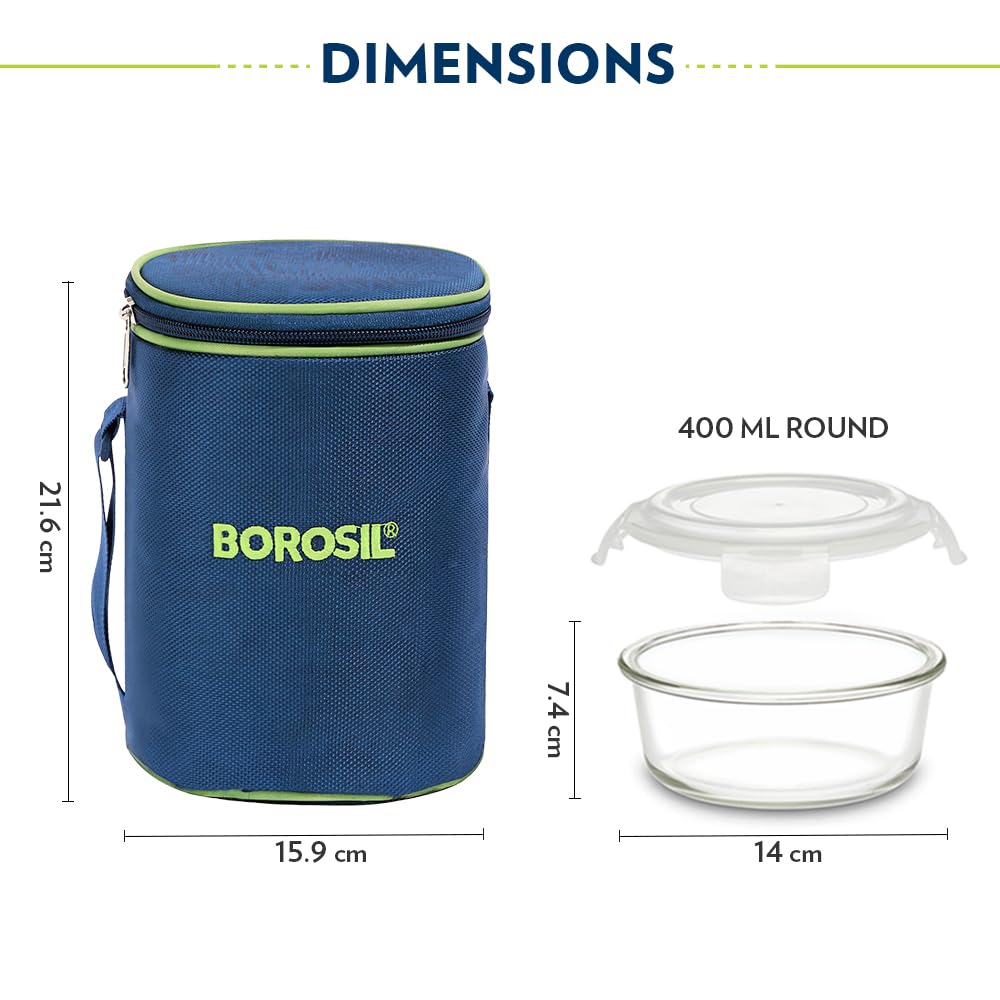 Borosil Klip n Store Lunchbox with Bag | 3pc Round Container Set (400 ml Each) | Made in India Borosilicate Glass | Microwave & Dishwasher Safe | Tiffin for Office, School, College | Vertical