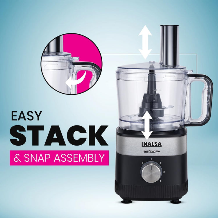 INALSA Food Processor For Kitchen With Mixer Grinder Juicer|1000 W Copper Motor|2.5L Processing Jar|Chopping,Kneading Blade|Citrus Juicer|Shredding,Slicing,Whisker&French Fries Cutter (Inox 1000 Pro)