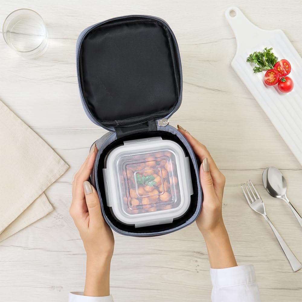 Borosil Pro Borosilicate Glass Lunchbox with Bag | 2 pc Square Container Set (320 ml Each) | Microwave & Dishwasher Safe, Leakproof | Tiffin for Office, School, College | Transparent, Vertical