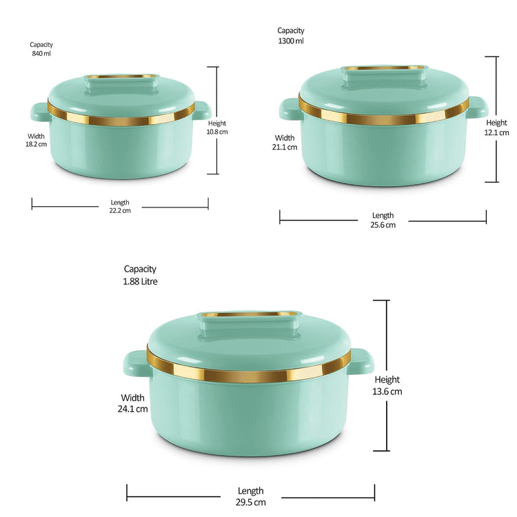 MILTON Curve Inner Stainless Steel Casserole Set of 3 (840 ml, 1300 ml, 1880 ml), Light Green | BPA Free | Food Grade | Easy to Carry | Easy to Store | Chapati | Roti | Curd Maker