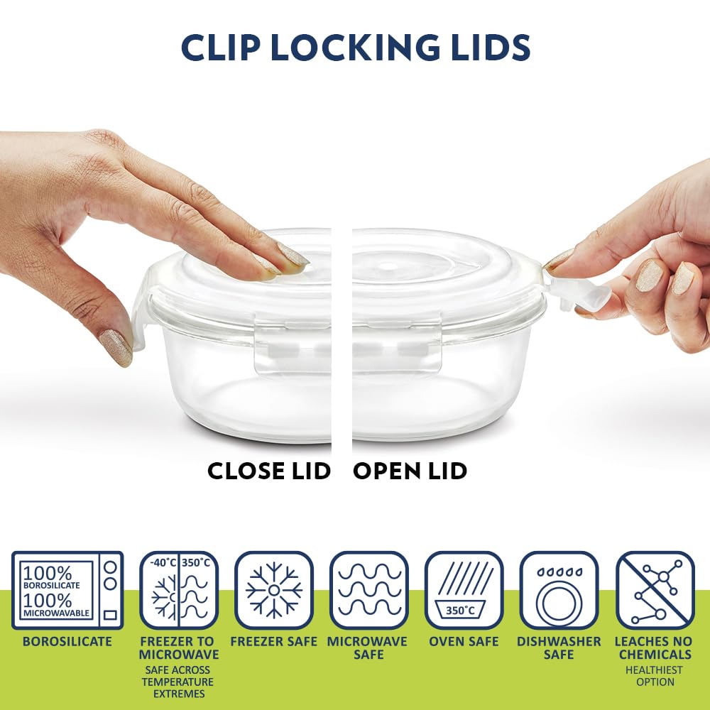 Borosil Klip n Store Lunchbox with Bag | Set of 2 (400ml Each) | Borosilicate Glass, Round, Vertical | Microwave & Dishwasher Safe, Leak Proof | Tiffin for Office, School, College