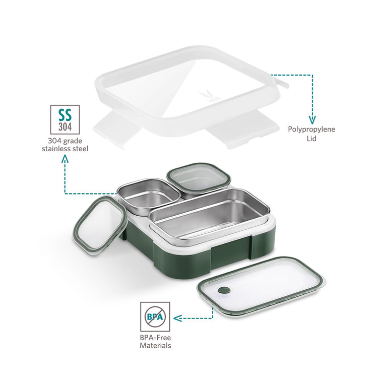 VAYA TYDBYT Stainless Steel Tiffin Box for Men, Kids Girls,1 Large & 2 Small Compartments, Bento Lunch Box, Smart Portions for Balanced Meals, Green