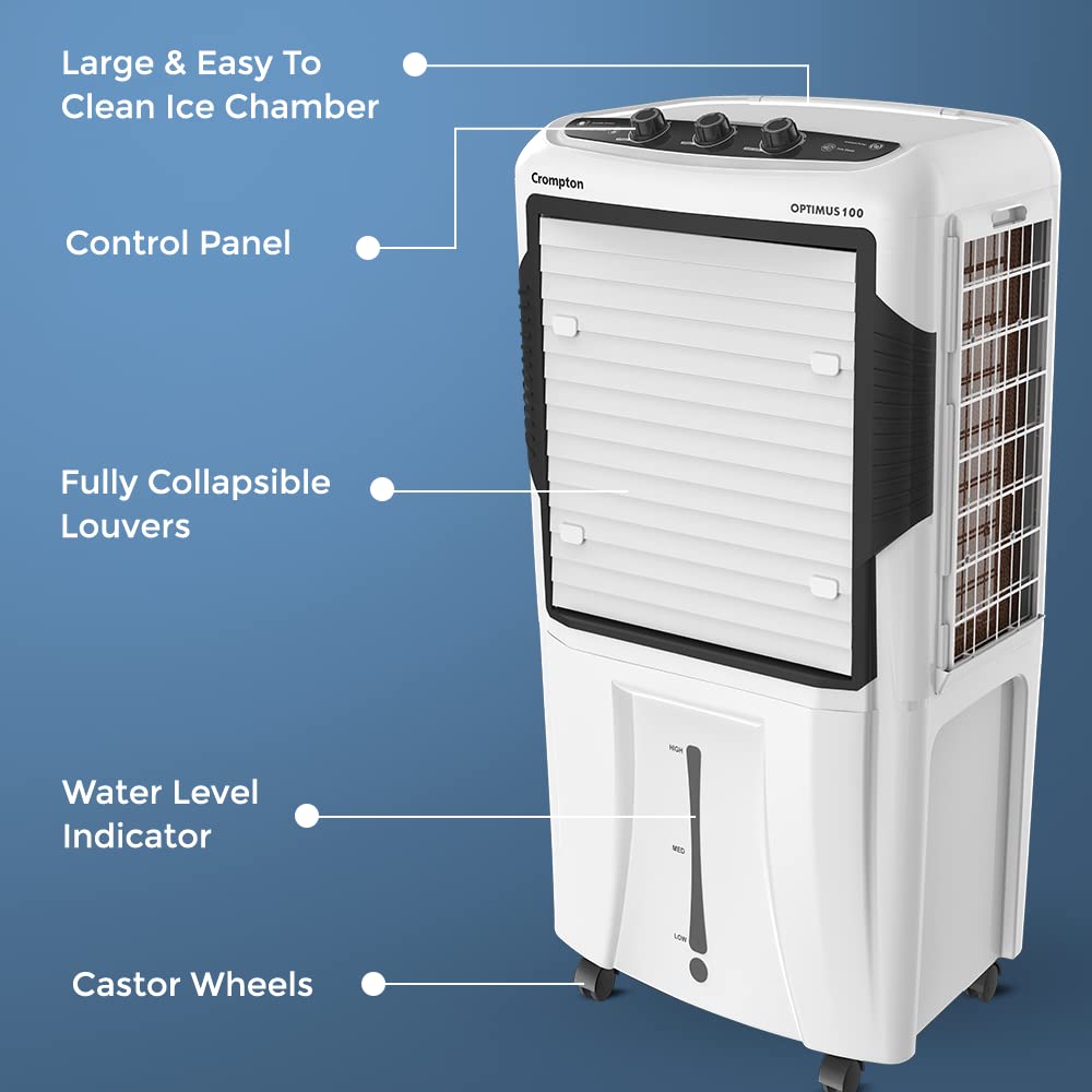 Crompton Optimus 100 Litres Desert Air Cooler for home | Large & Easy Clean Ice Chamber | High Density Honeycomb Pads | Auto-Fill & Drain | Everlast Pump | Humidity Control