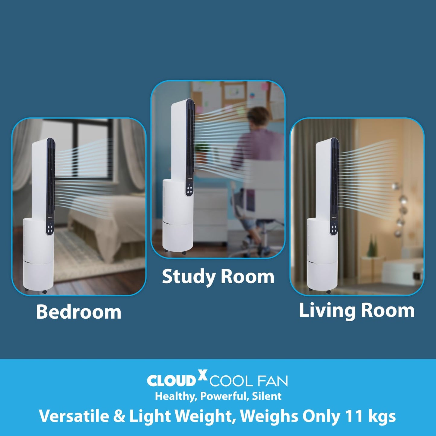 SINGER Cloudx Fan | Provides Cloud Infused Breeze | Quiet Mode Option | Powerful Airflow | Anti-Microbial Mesh Filter | Point Anywhere Remote | Portable | 3 Speed | 2 Yrs Warranty,