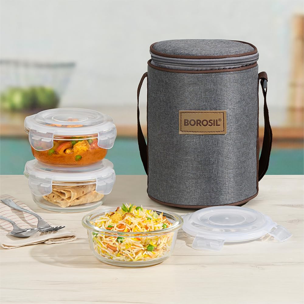 Borosil Pro Borosilicate Glass Lunchbox with Bag | 3 pc Round Container Set (400 ml Each) | Microwave & Dishwasher Safe, Leakproof | Tiffin for Office, School, College | Transparent