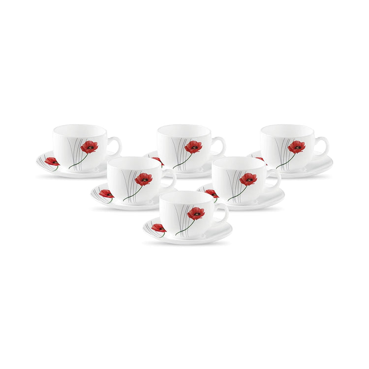 La Opala Diva, Opal Glass Crockery | Cup & Saucer Iris Regular, Set of 12 | Plain White, 160 ml | for Tea & Coffee | Microwave Safe | 100% Vegetarian | Extra Strong | Super Light | Super White
