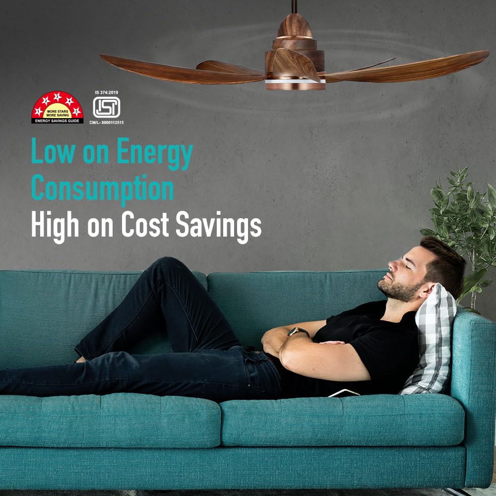 KUHL Luxus C5 1320mm Stylish 65% Power Saving BLDC Ceiling Fan with Remote | Night & Down Light | 29W | 5 Star | Low Noise | IoT –Operate via Mobile & Alexa | Reverse Mode | Free Installation | Teak