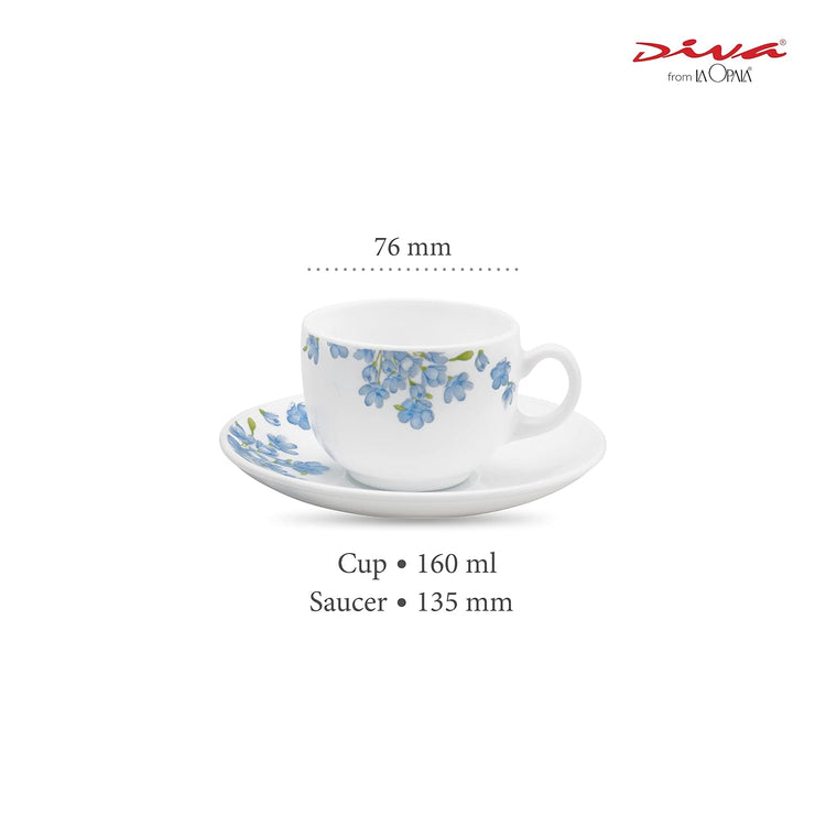La Opala Diva, Opal Glass Crockery | Cup & Saucer Iris Regular, Set of 12 | Plain White, 160 ml | for Tea & Coffee | Microwave Safe | 100% Vegetarian | Extra Strong | Super Light | Super White