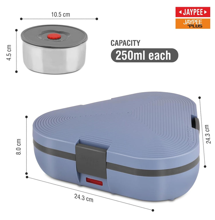 Jaypee Plus Tripot Electric Lunch Box with 3 Removable Stainless Steel Containers 250 ml x3 with Power Cord |Air Vent on Lid |Leakproof Silicon Seal|LED Indicator |Shockproof | Blue