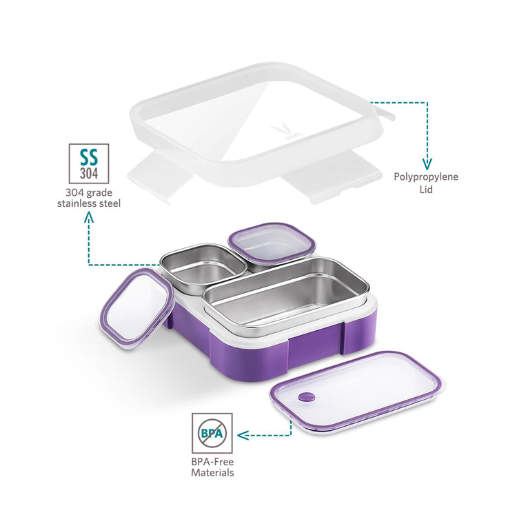 VAYA TYDBYT Stainless Steel Tiffin Box for Men, Kids Girls,1 Large & 2 Small Compartments, Bento Lunch Box, Smart Portions for Balanced Meals, Purple