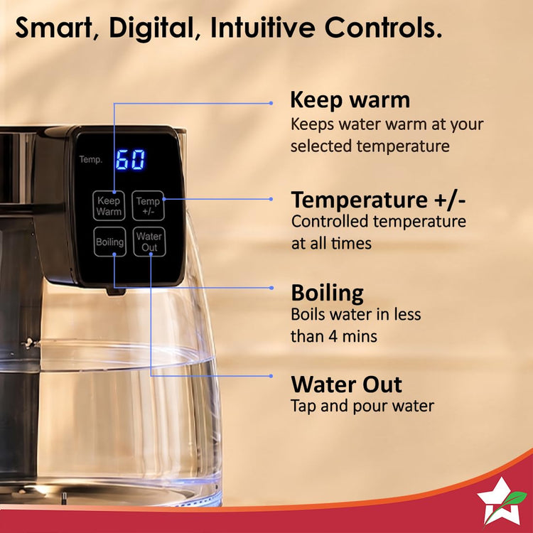Wonderchef Crystal Tap & Flow Glass Kettle & Hot Water Dispenser, 1.7 L Borosilicate Glass Jar, Built-in Battery, Temperature Sensor & Control, Multi-purpose, Portable inside Homes, 1-Yr Warranty
