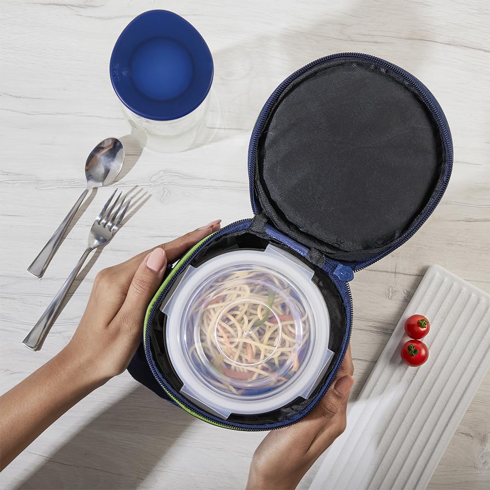 Borosil Klip n Store Lunchbox with Bag | 3pc Round Container Set (400 ml Each) | Made in India Borosilicate Glass | Microwave & Dishwasher Safe | Tiffin for Office, School, College | Vertical