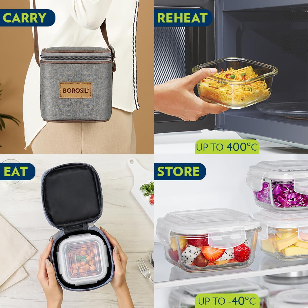 Borosil Pro Borosilicate Glass Lunchbox with Bag | 2 pc Square Container Set (320 ml Each) | Microwave & Dishwasher Safe, Leakproof | Tiffin for Office, School, College | Transparent, Vertical