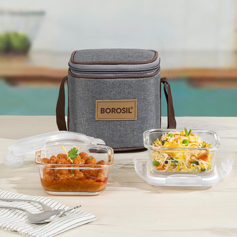 Borosil Pro Borosilicate Glass Lunchbox with Bag | 2 pc Square Container Set (320 ml Each) | Microwave & Dishwasher Safe, Leakproof | Tiffin for Office, School, College | Transparent, Vertical