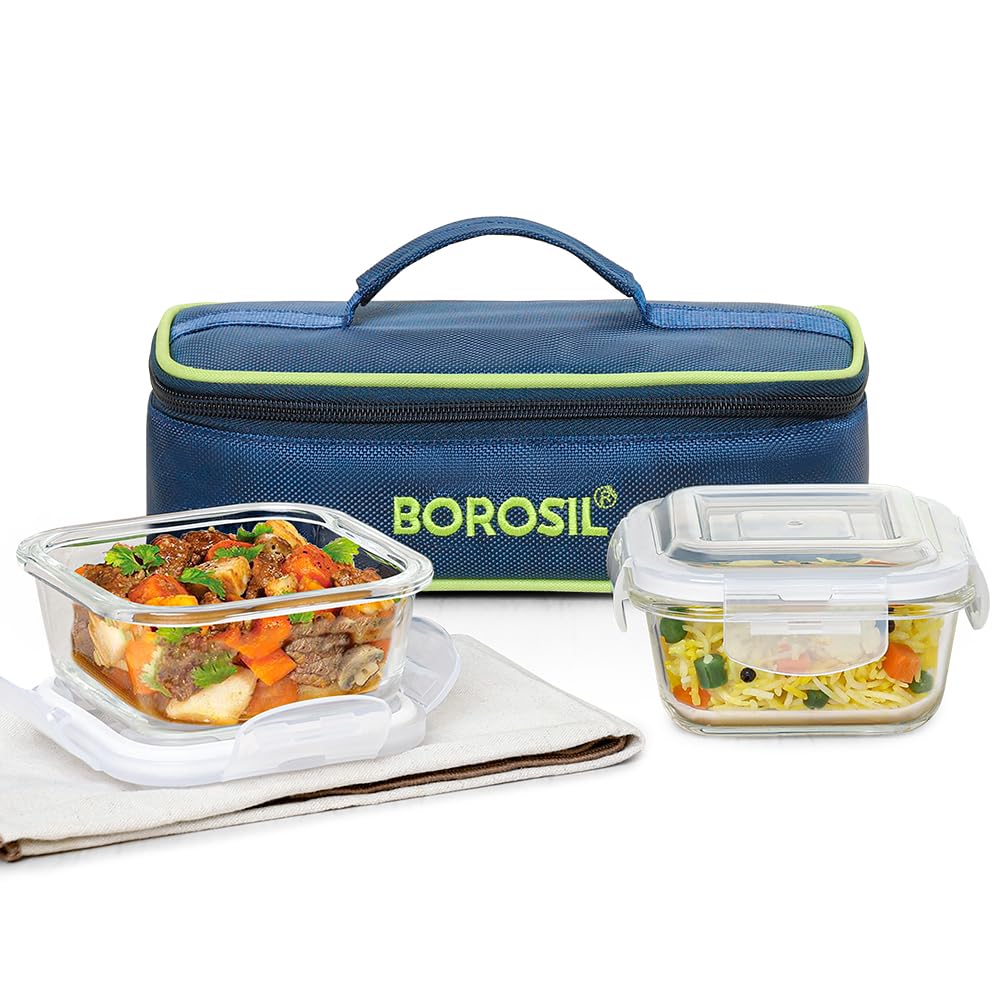 Borosil Klip n Store Lunchbox with Bag | Set of 2 Square Container (320ml Each) | Made in India Borosilicate Glass | Microwave & Dishwasher Safe | Tiffin for Office/School/College | Horizontal