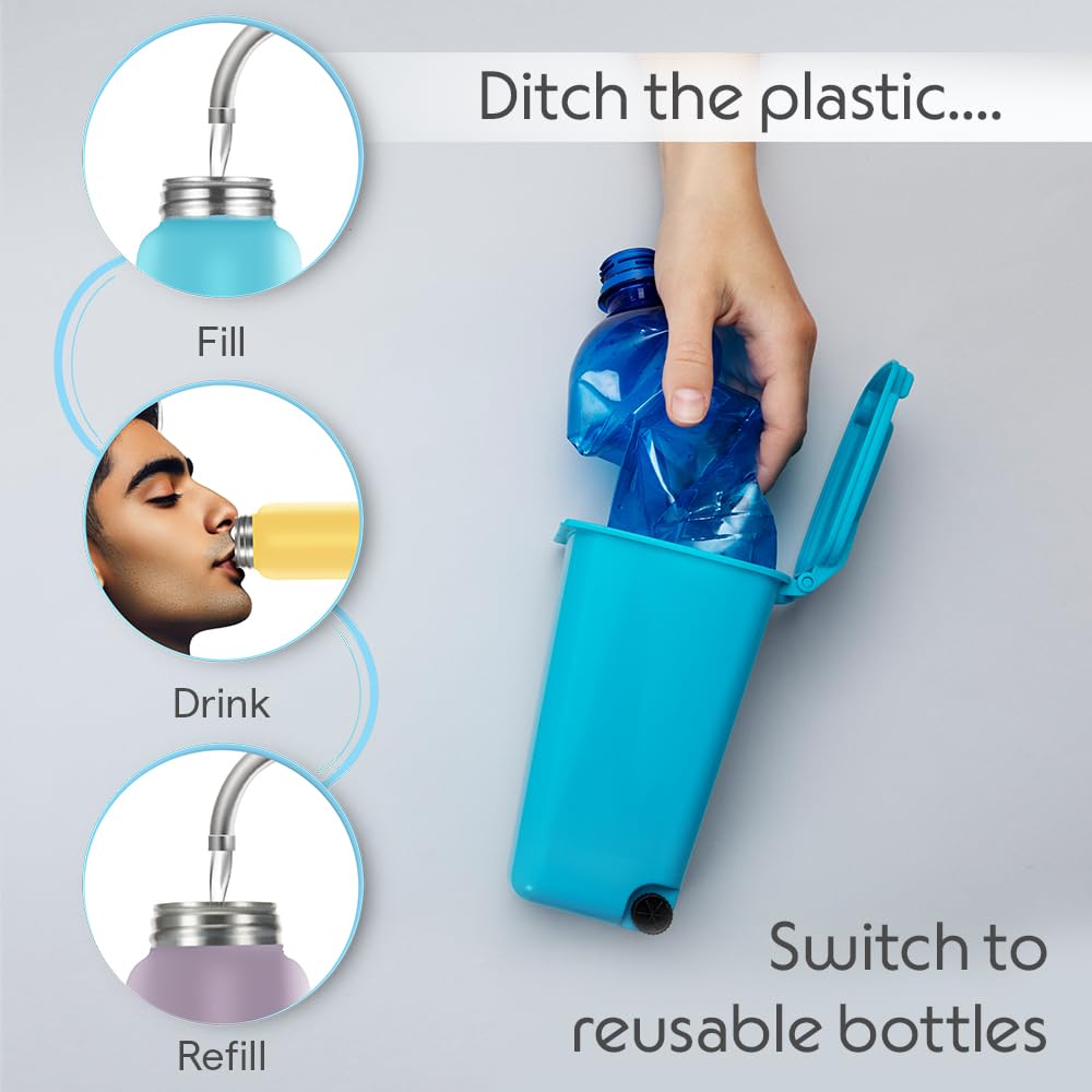Borosil 1L Apex 3pc Stainless Steel Made in India Water Bottle Set | Leak-Proof, Odour-Free, Powder Coated Bottles | Fridge Safe | Blue, Yellow, Lavender | 1 Year Warranty