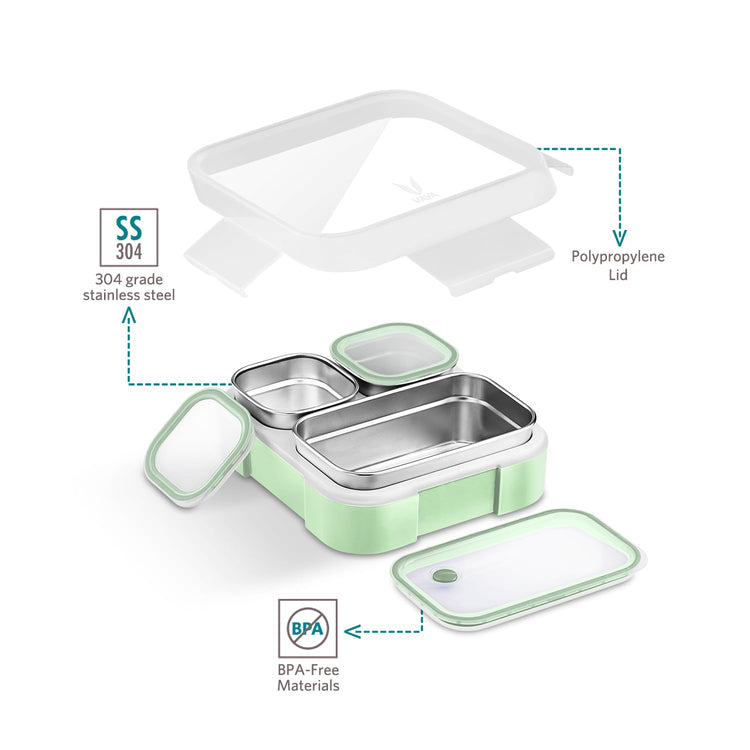VAYA TYDBYT Stainless Steel Tiffin Box for Men, Kids Girls,1 Large & 2 Small Compartments, Bento Lunch Box, Smart Portions for Balanced Meals, Winter Mint