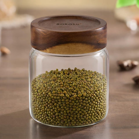 Borosil Glass Jar with Acacia Wood Lid | Borosilicate Glass Storage Jar for Dry Fruits, Spices & Snacks | Airtight Glass Container for Kitchen & Pantry (Tallwood, 600 ml)