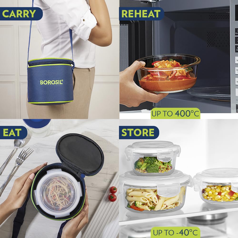 Borosil Klip n Store Lunchbox with Bag | Set of 2 (400ml Each) | Borosilicate Glass, Round, Vertical | Microwave & Dishwasher Safe, Leak Proof | Tiffin for Office, School, College