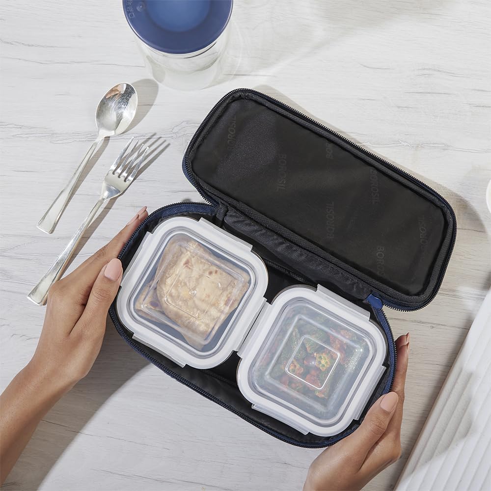 Borosil Klip n Store Lunchbox with Bag | Set of 2 Square Container (320ml Each) | Made in India Borosilicate Glass | Microwave & Dishwasher Safe | Tiffin for Office/School/College | Horizontal